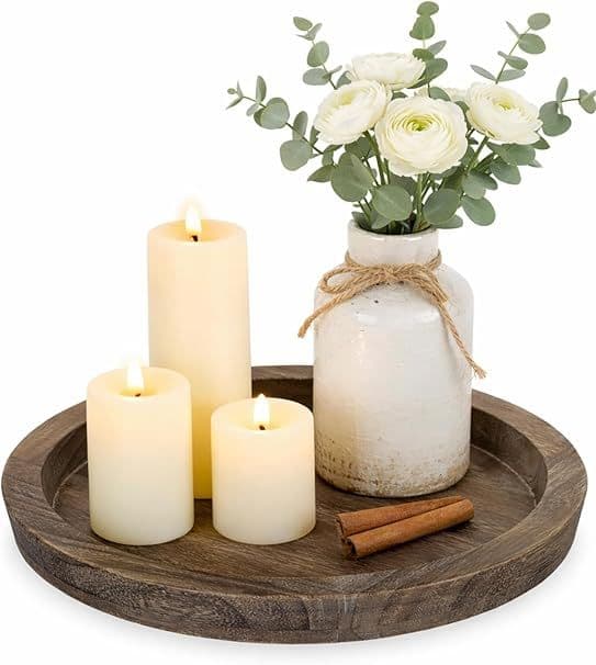 Round Wood Decorative Candle Plate - Rustic Farmhouse CoffeeTable Decor - Tealight Pillar Trays for Home Decor