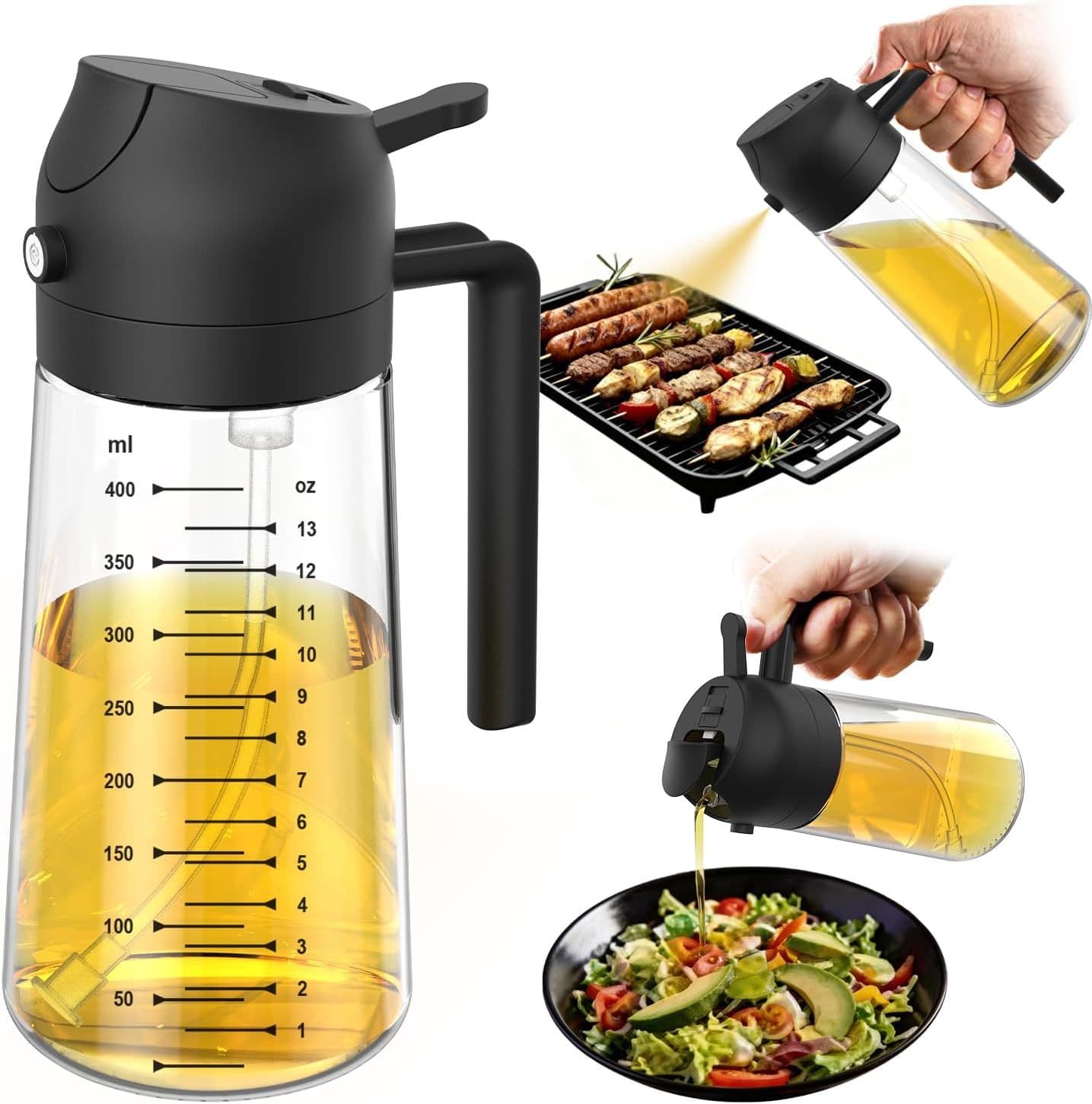 TrendPlain 16oz/470ml Glass Olive Oil Sprayer for Cooking – 2 in 1 Olive Oil Dispenser Bottle for Kitchen Gadgets and Air Fryer Accessories, Salad, BBQ