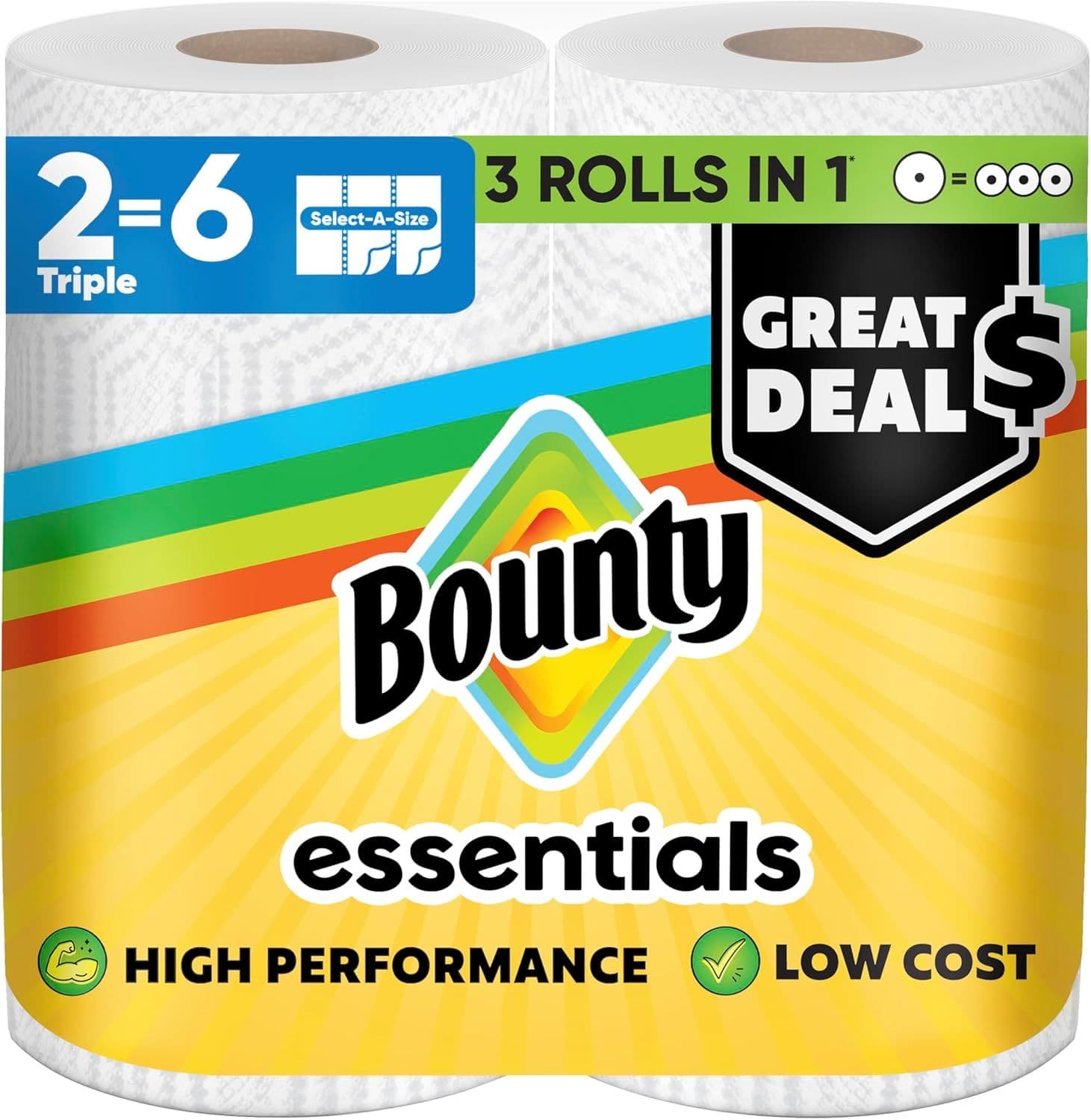 Bounty Essentials Select-A-Size Paper Towels, White, 2 Triple Rolls = 6 Regular Rolls